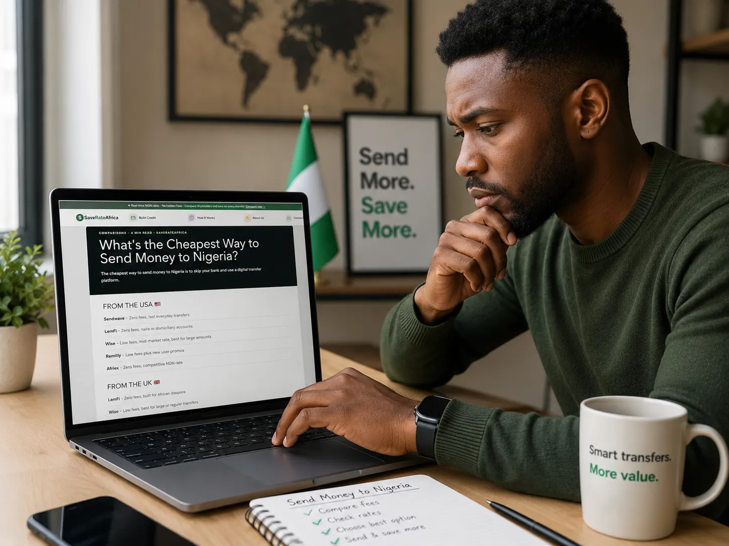 A professional reviewing SaveRateAfrica money transfer guidance for sending money to Nigeria